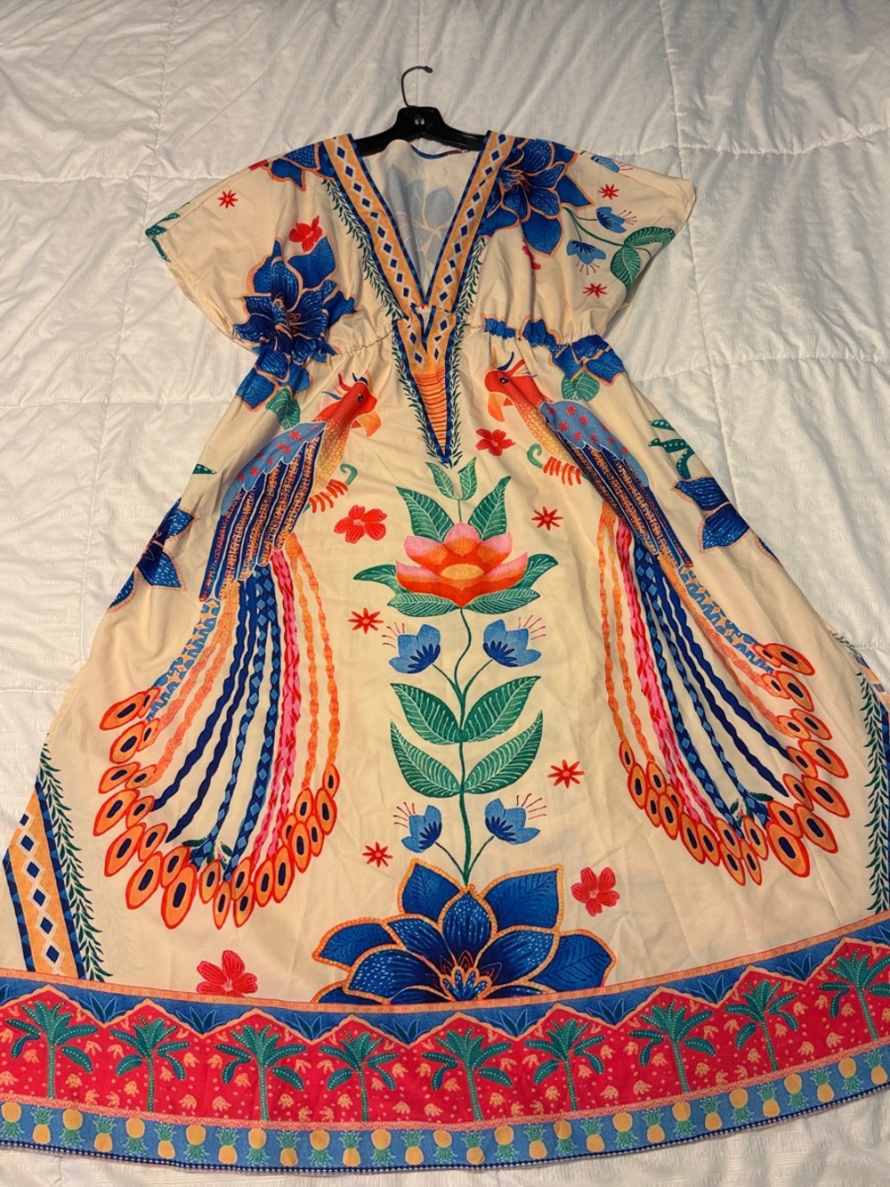 Boho Peacock Midi Dress in Cream and Blue